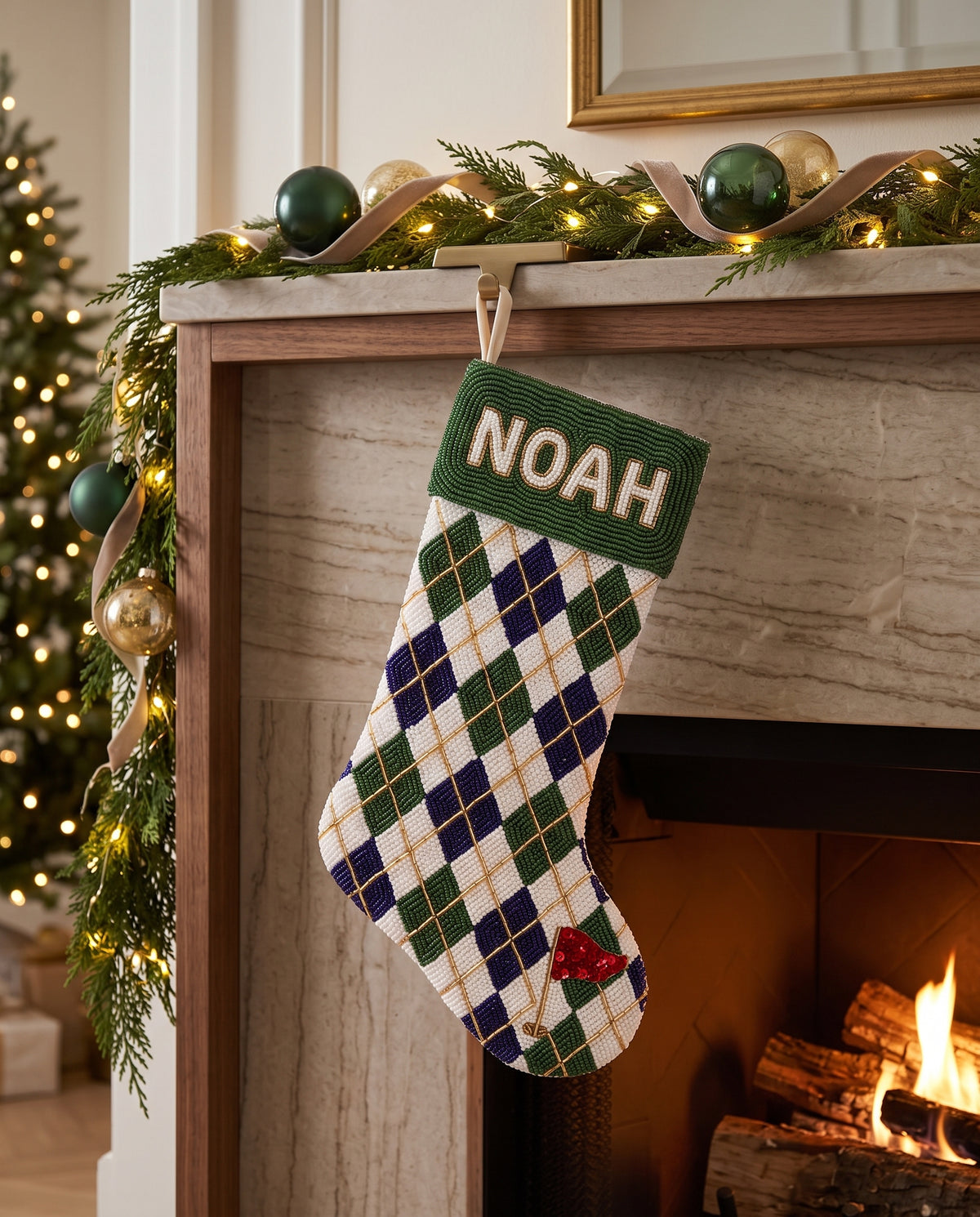 Personalized Beaded Christmas Stocking with Name, Argyle Golf Stocking, Custom Hand Beaded Holiday Stocking for Golfer, Forest Green