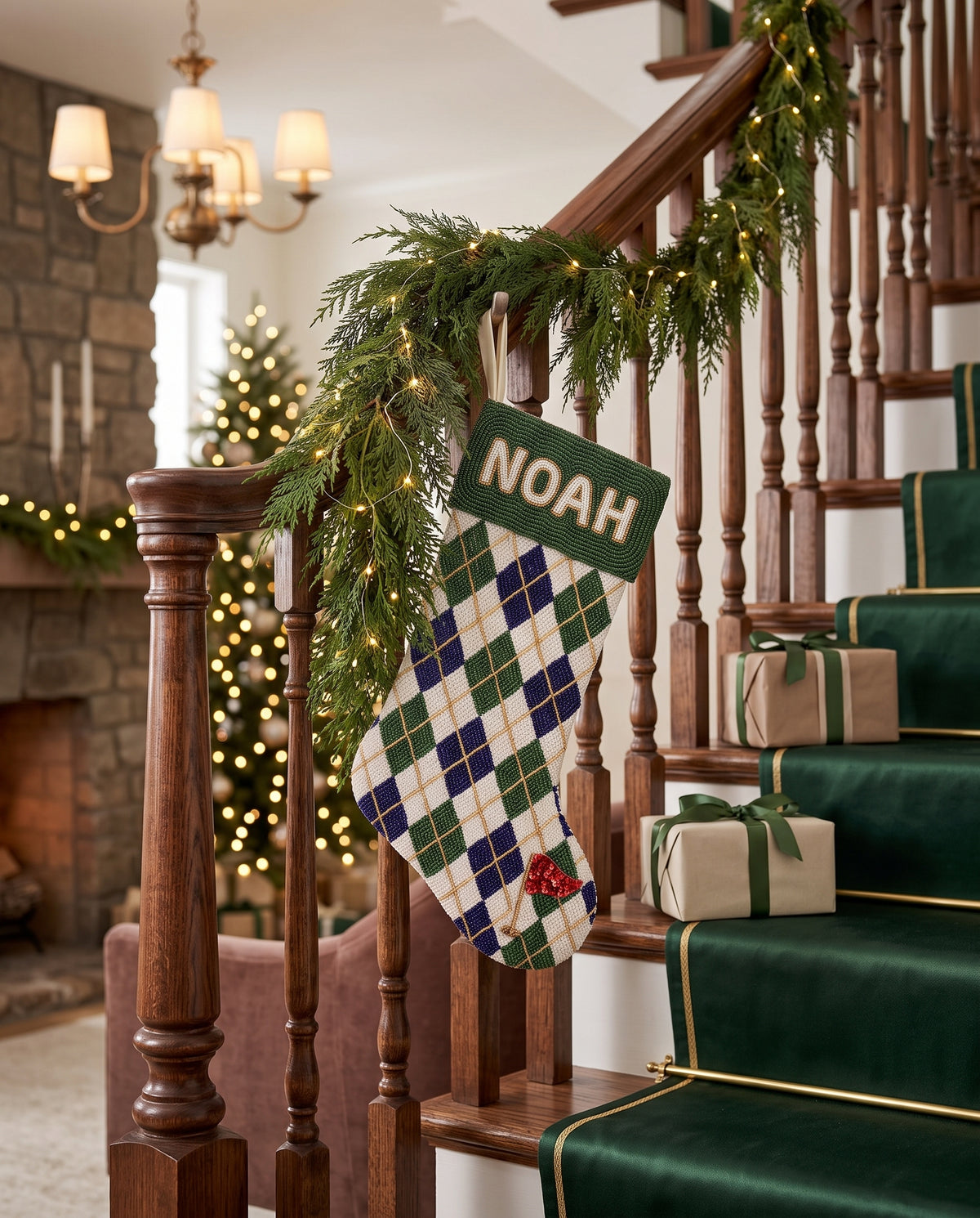 Personalized Beaded Christmas Stocking with Name, Argyle Golf Stocking, Custom Hand Beaded Holiday Stocking for Golfer, Forest Green