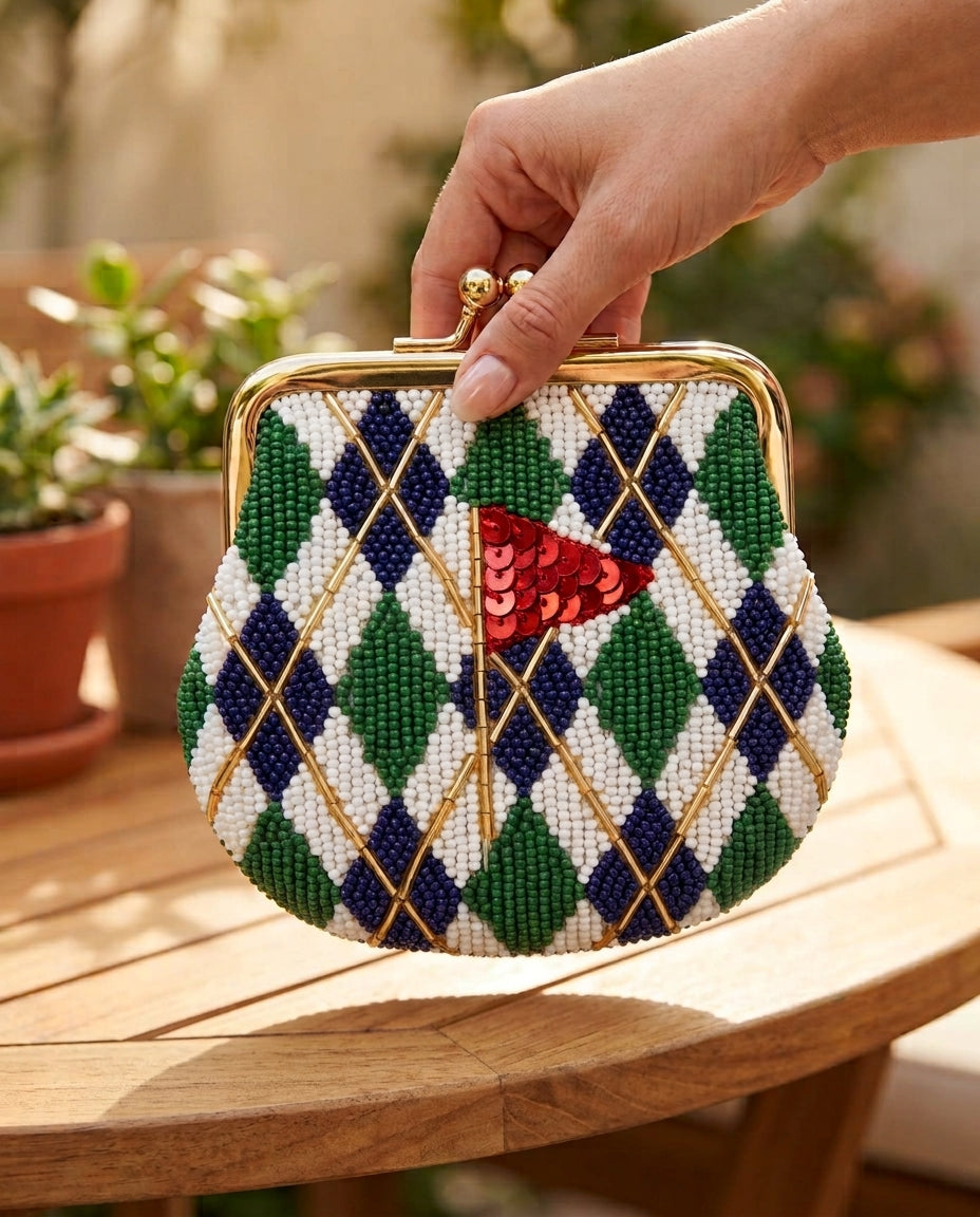 Custom Beaded Golf Coin Purse, Personalized Argyle Kiss Lock Pouch, Hand Beaded Golf Flag Wallet, Ladies Golf Tee Gift