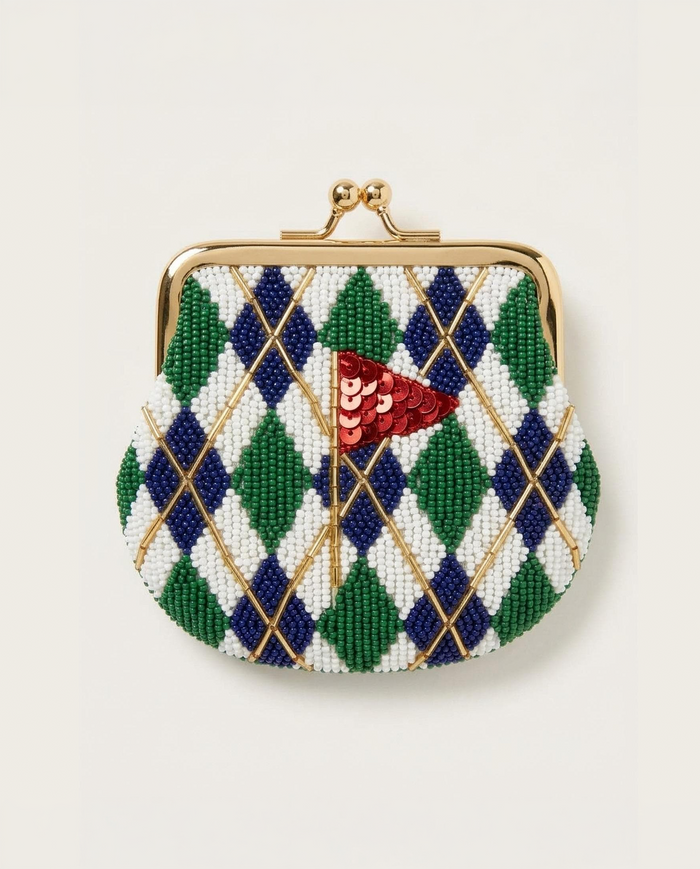 Custom Beaded Golf Coin Purse, Personalized Argyle Kiss Lock Pouch, Hand Beaded Golf Flag Wallet, Ladies Golf Tee Gift