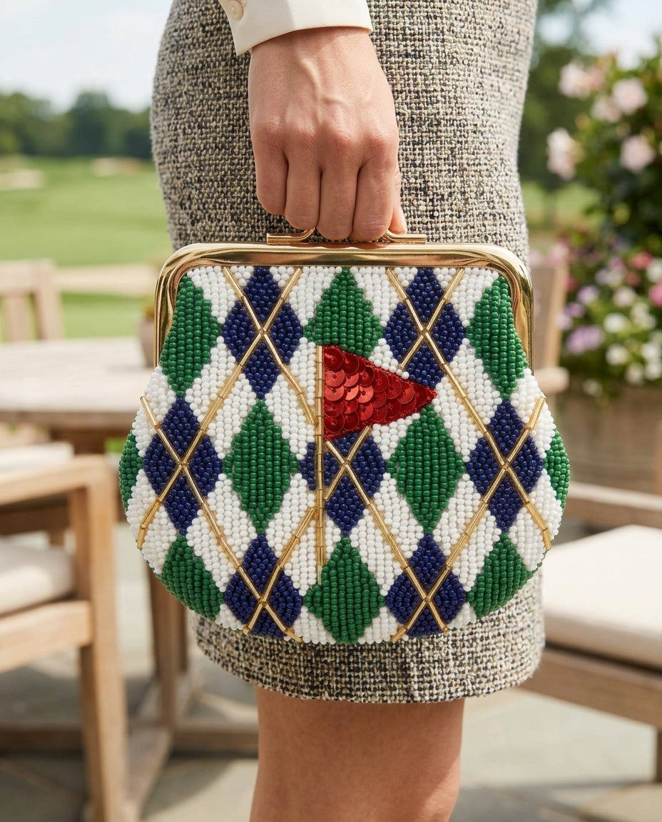 Custom Beaded Golf Coin Purse, Personalized Argyle Kiss Lock Pouch, Hand Beaded Golf Flag Wallet, Ladies Golf Tee Gift