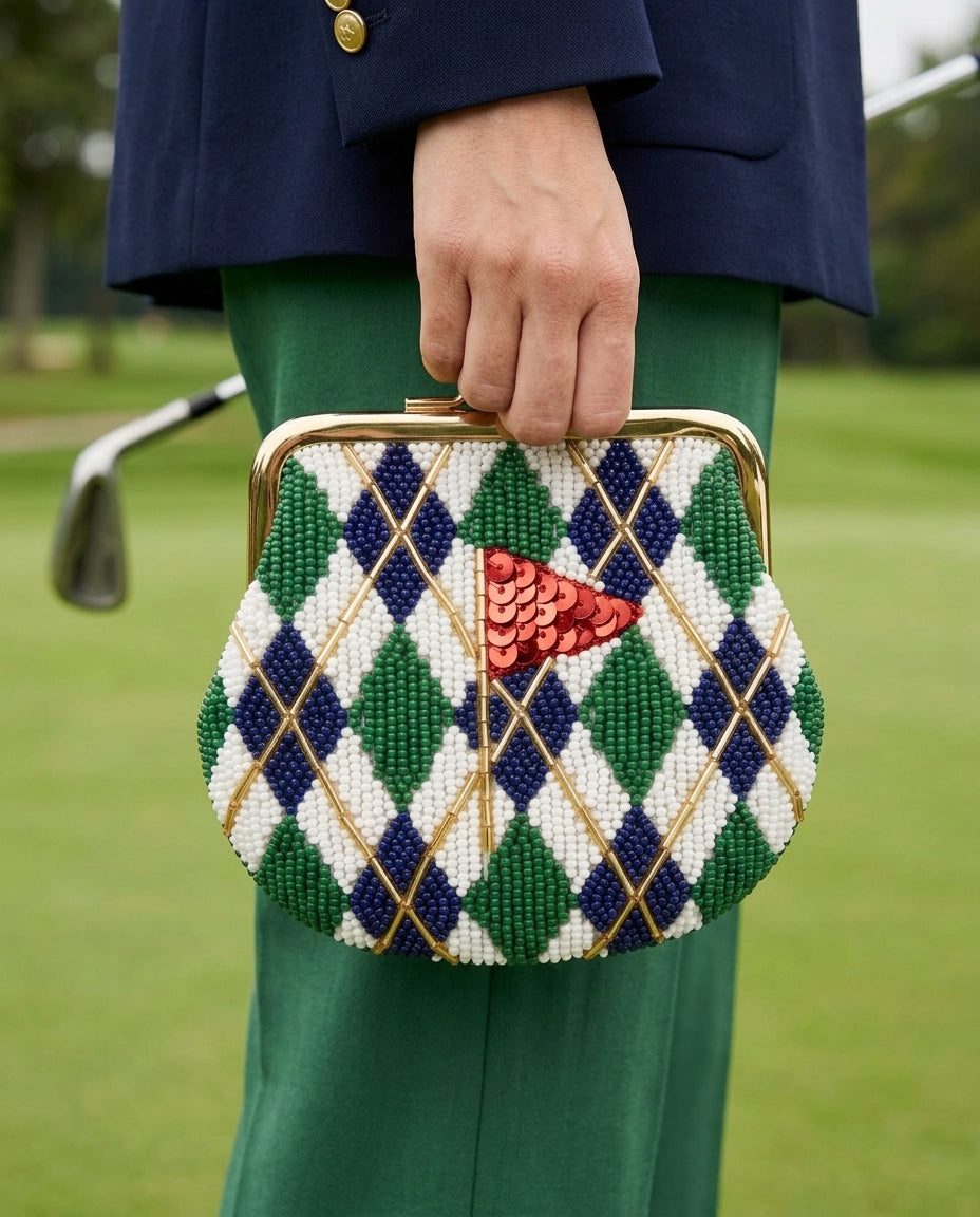 Custom Beaded Golf Coin Purse, Personalized Argyle Kiss Lock Pouch, Hand Beaded Golf Flag Wallet, Ladies Golf Tee Gift