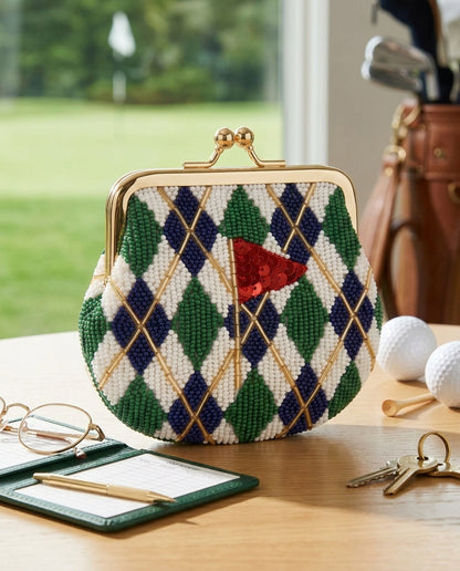 Custom Beaded Golf Coin Purse, Personalized Argyle Kiss Lock Pouch, Hand Beaded Golf Flag Wallet, Ladies Golf Tee Gift