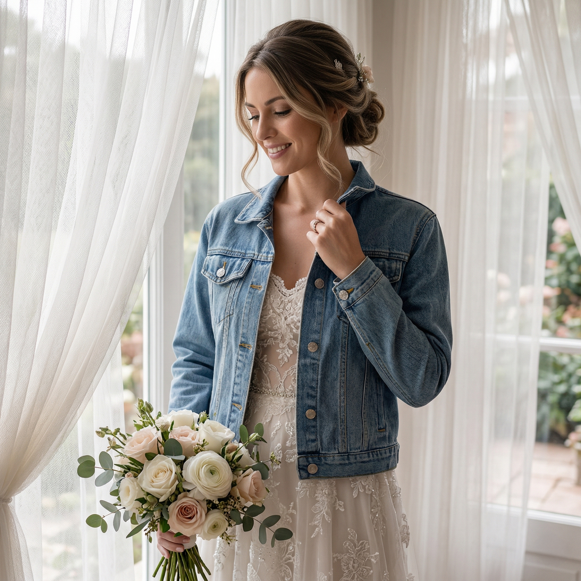 A woman in a denim jacket holds a bouquet of white and pink flowers, standing near a window with sheer curtains.