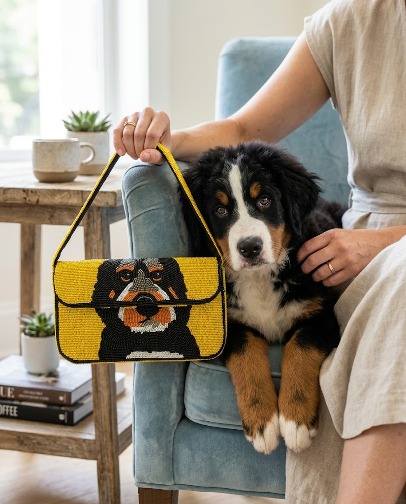 A woman sits on a blue chair, holding a yellow handbag with a dog design on it. The dog is sitting on the woman's lap, looking at the camera.