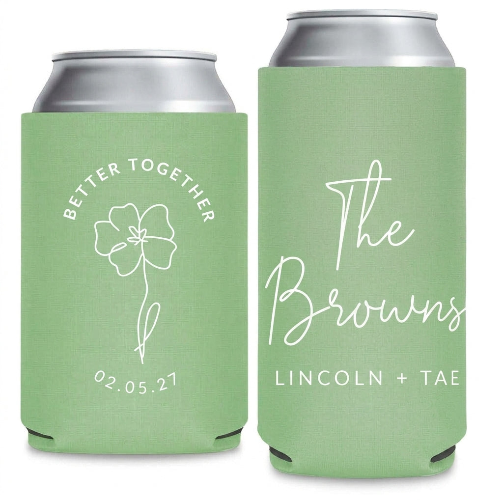 Better Together Petals Wedding Can Coolers shown on standard and slim can coolers
