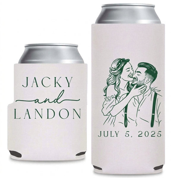Black White Romance Wedding Can Coolers shown on standard and slim can coolers