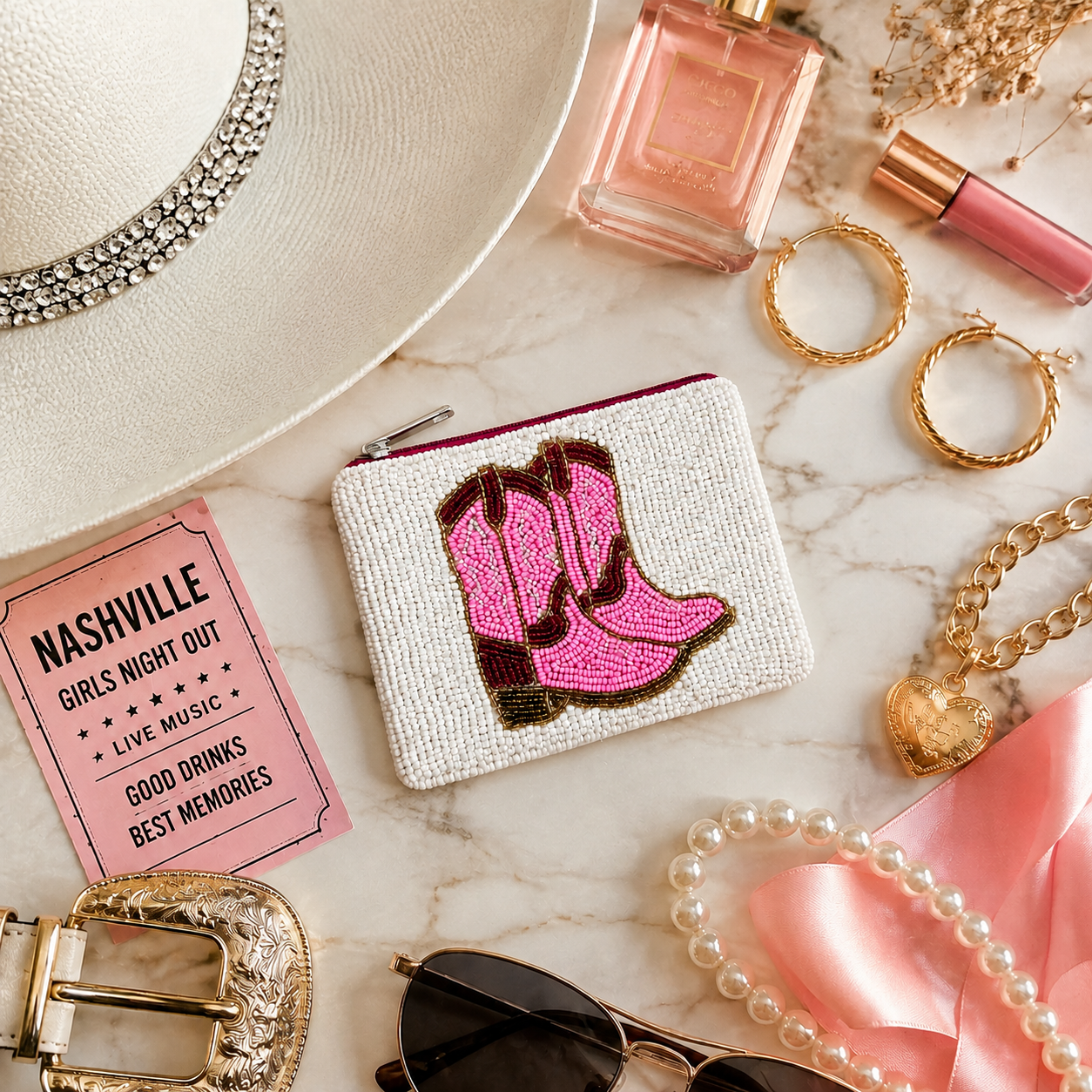 Pink Cowboy Boots Beaded Coin Purse