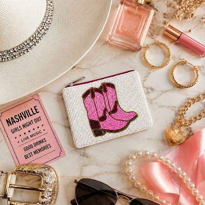 Pink Cowboy Boots Beaded Coin Purse