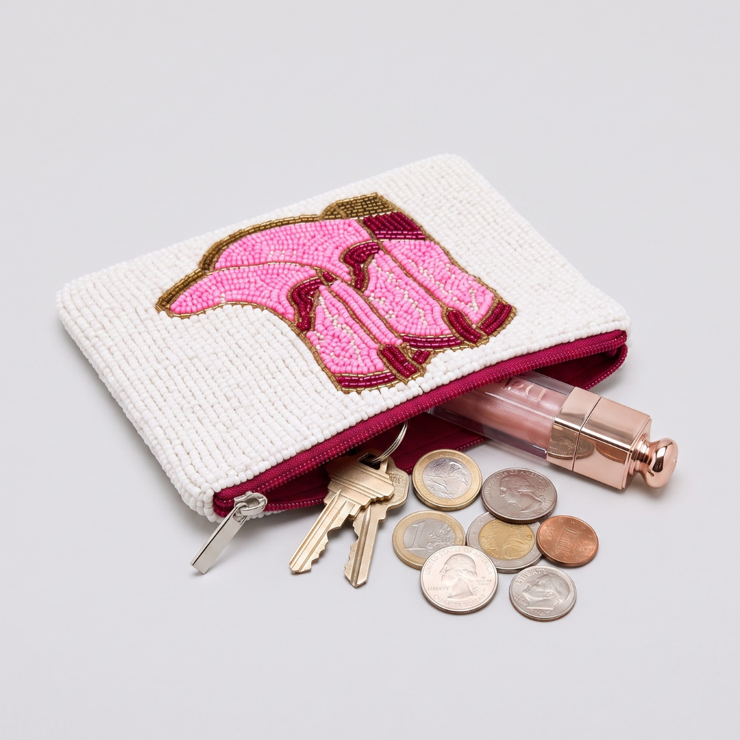 Pink Cowboy Boots Beaded Coin Purse
