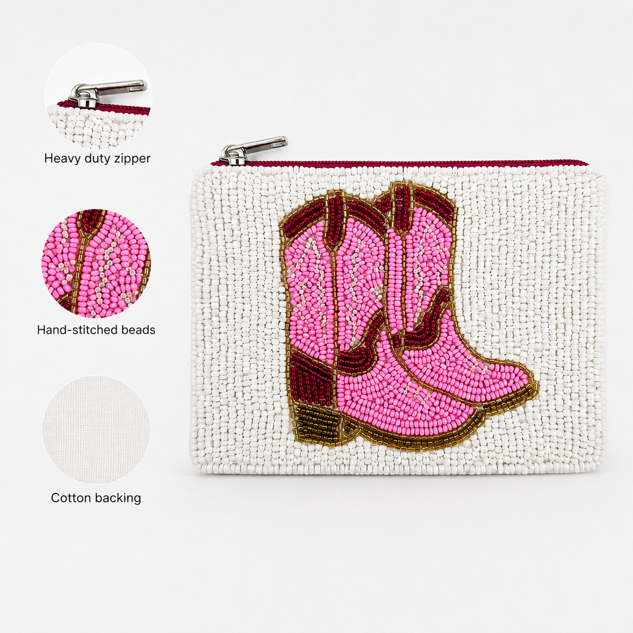Pink Cowboy Boots Beaded Coin Purse