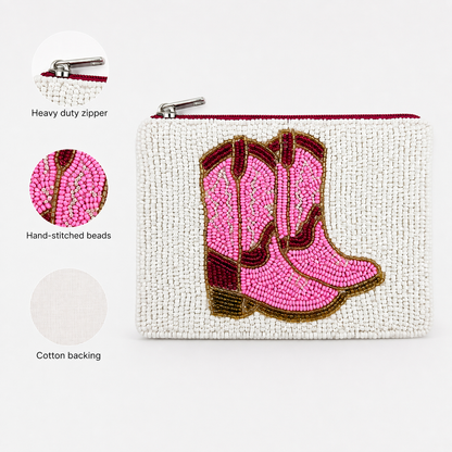 Pink Cowboy Boots Beaded Coin Purse