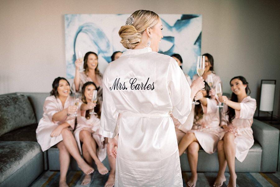 Short satin robe with custom embroidered logo