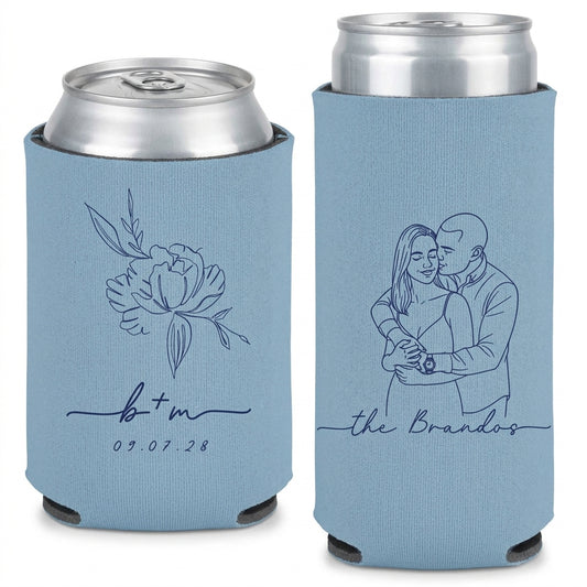 Bride Groom Portrait Wedding Can Coolers shown on standard and slim can coolers