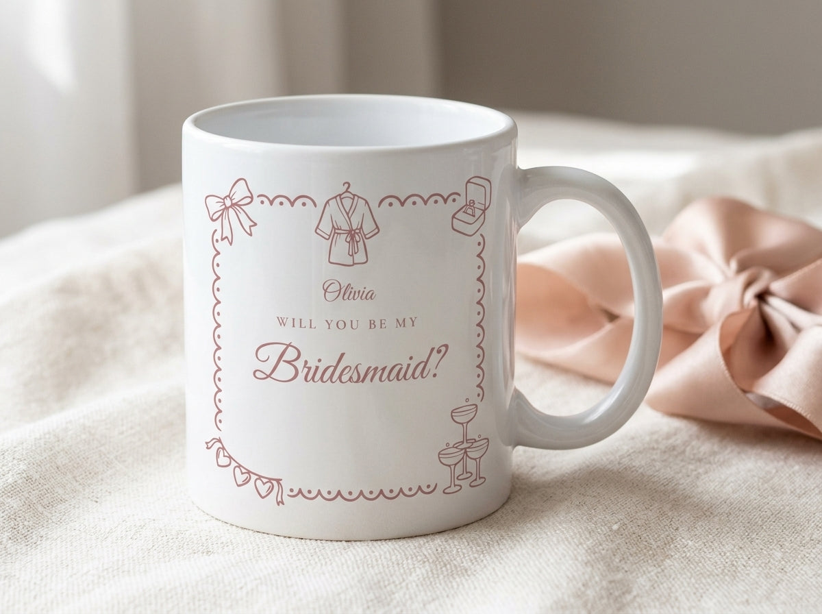 Will you be my Bridesmaid mug, dusty pink, with her name