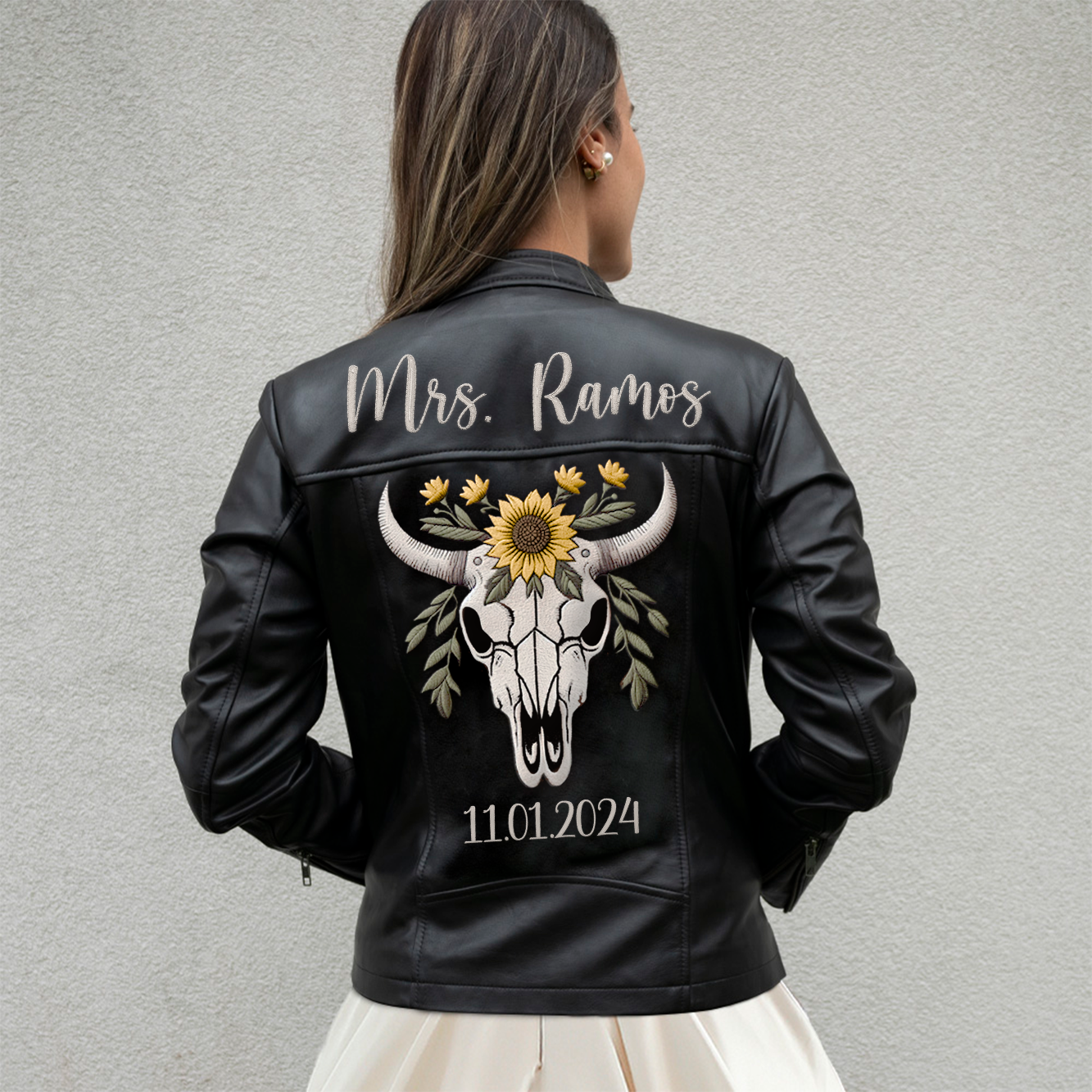 Embroidered Bachelorette Leather Jacket for Brides