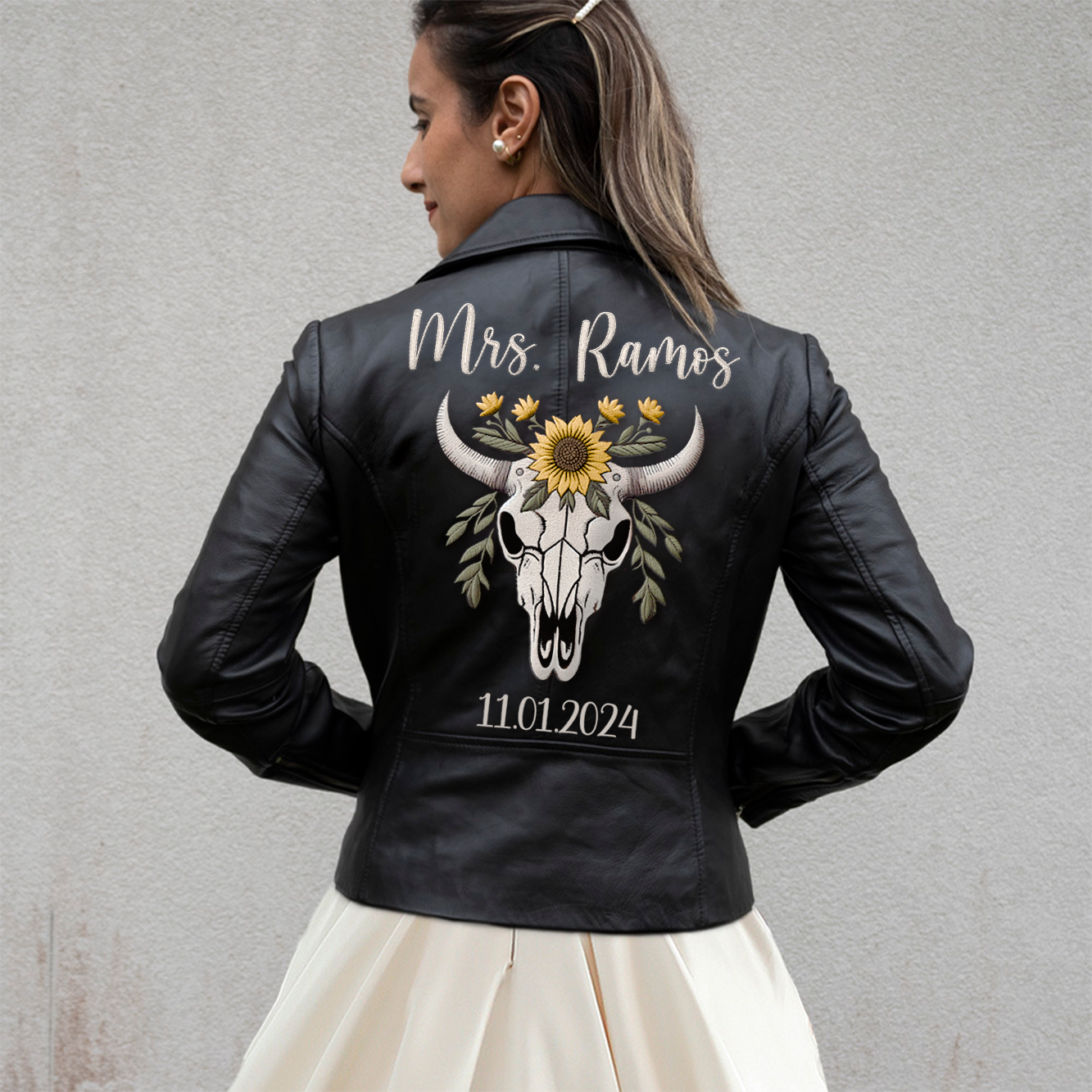 Embroidered Bachelorette Leather Jacket for Brides