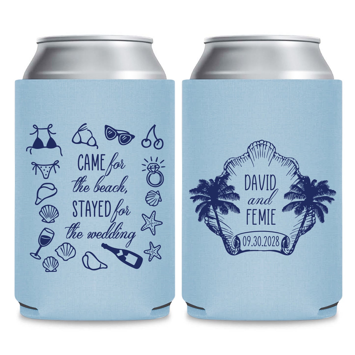 Custom Beach Themed Wedding Can Coolers
