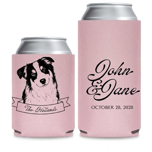 Canine Celebration Wedding Can Coolers shown on standard and slim can coolers