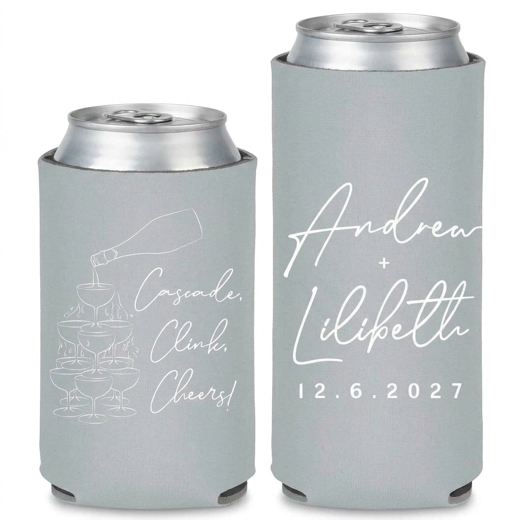 Cascade Clink Cheers Wedding Can Coolers shown on standard and slim can coolers