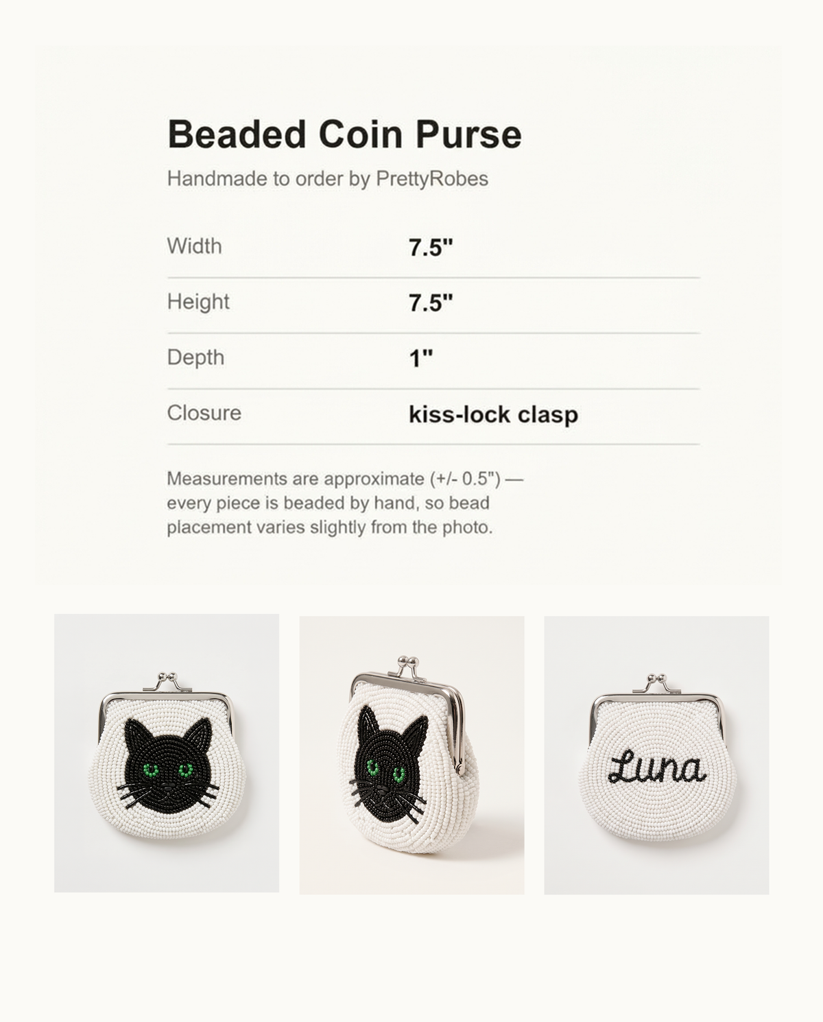 Personalized Pet Portrait Beaded Coin Purse with Name, Custom Cat Face Pouch Kiss Lock Wallet, Hand Beaded Pet Lover Gift