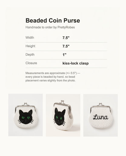 Personalized Pet Portrait Beaded Coin Purse with Name, Custom Cat Face Pouch Kiss Lock Wallet, Hand Beaded Pet Lover Gift