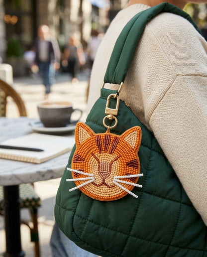 Personalized Beaded Cat Bag Charm with Jingle Bell, Custom Pet Keychain, Hand Beaded Tabby Cat Purse Charm, Beaded Cat Keyring