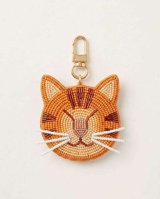 Personalized Beaded Cat Bag Charm with Jingle Bell, Custom Pet Keychain, Hand Beaded Tabby Cat Purse Charm, Beaded Cat Keyring