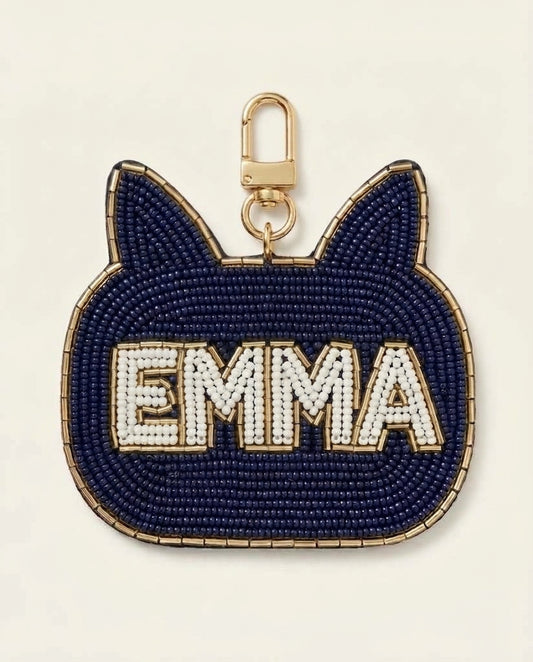 Personalized Beaded Bag Charm with Name, Custom Name Bar Keychain, Navy and Gold Hand Beaded Purse Tag, Monogram Tote Charm Gift