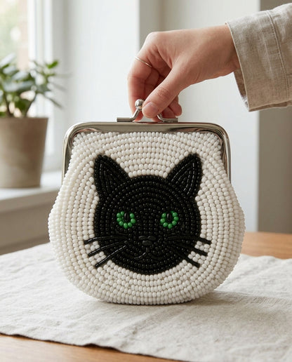 Personalized Pet Portrait Beaded Coin Purse with Name, Custom Cat Face Pouch Kiss Lock Wallet, Hand Beaded Pet Lover Gift