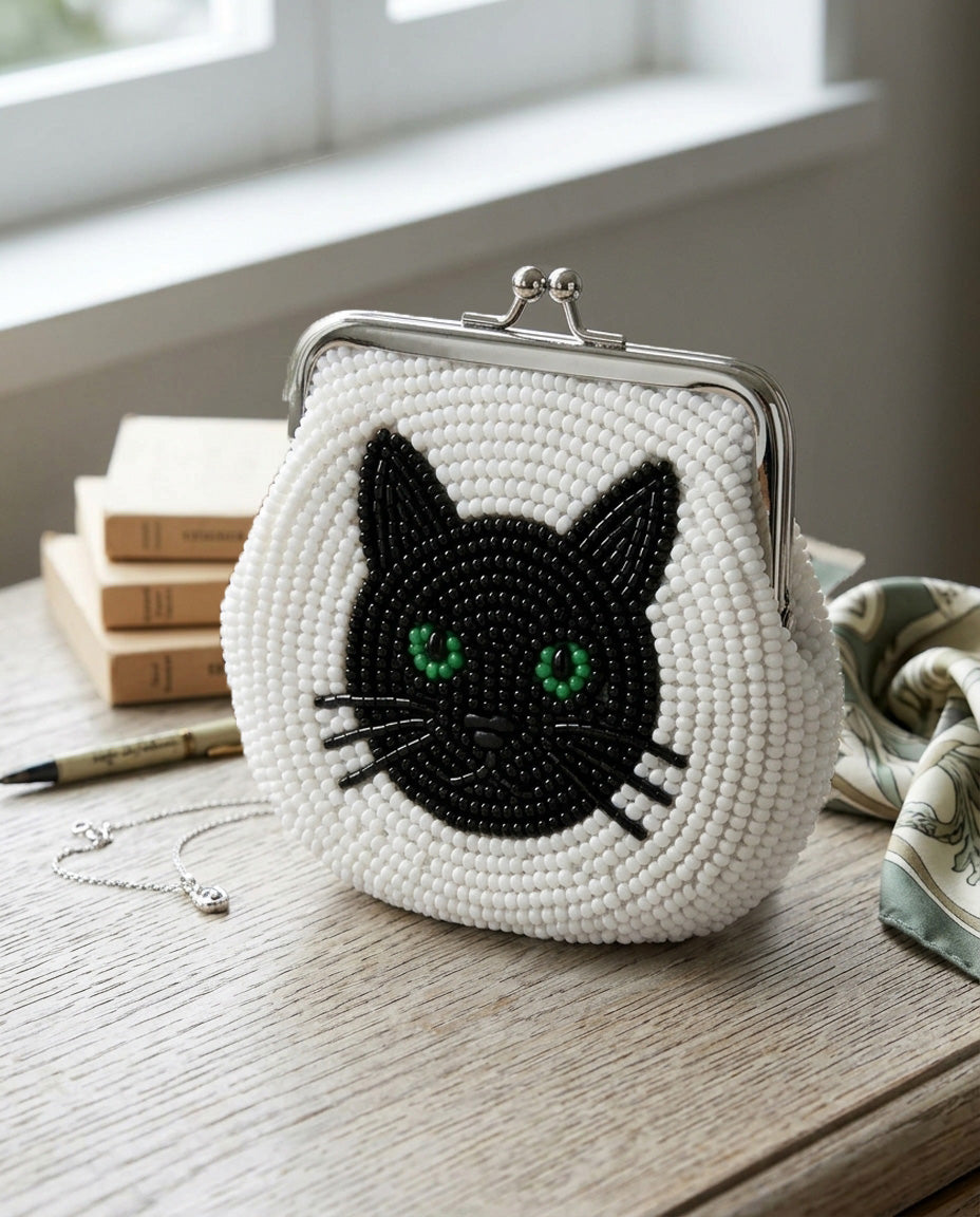 Personalized Pet Portrait Beaded Coin Purse with Name, Custom Cat Face Pouch Kiss Lock Wallet, Hand Beaded Pet Lover Gift