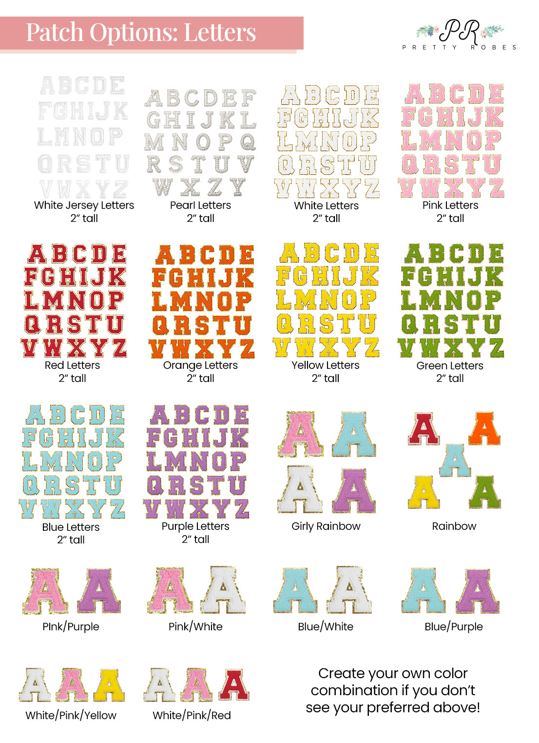 a collection of various colored letters, including white, pearl, pink, and yellow, arranged in different sizes and orientations. The letters are displayed in various combinations, such as 2-tall, 2-till, and 2-till 2-toll. The image also includes a section with instructions for creating custom color combinations, allowing the user to choose their preferred color scheme.