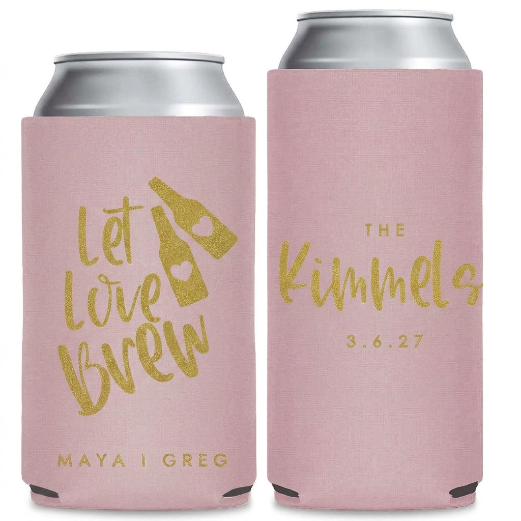 Champagne Love Brew Wedding Can Coolers shown on standard and slim can coolers