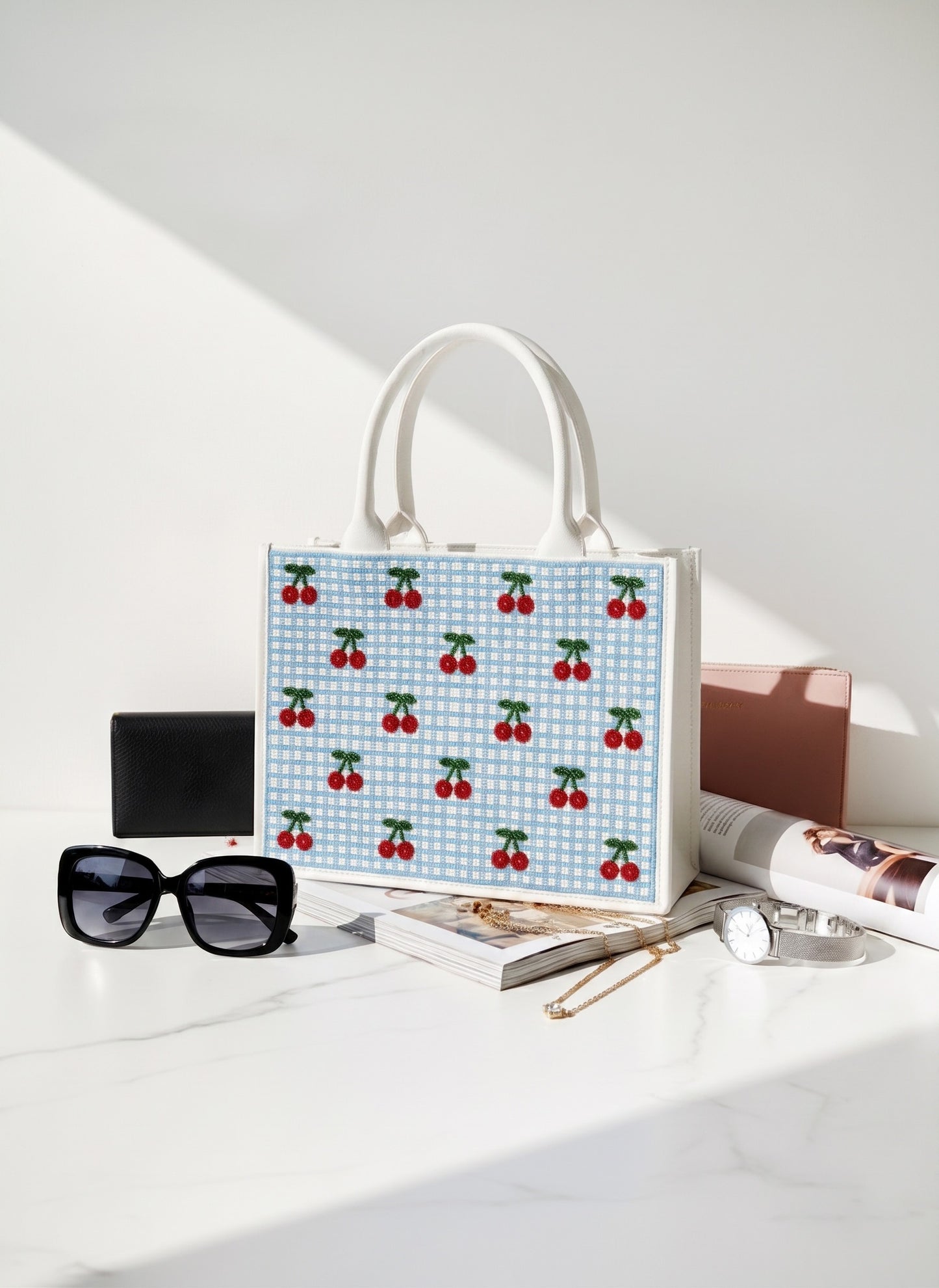 Cherry Blue Stripe Tote Bag