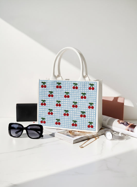 Cherry Blue Stripe Tote Bag