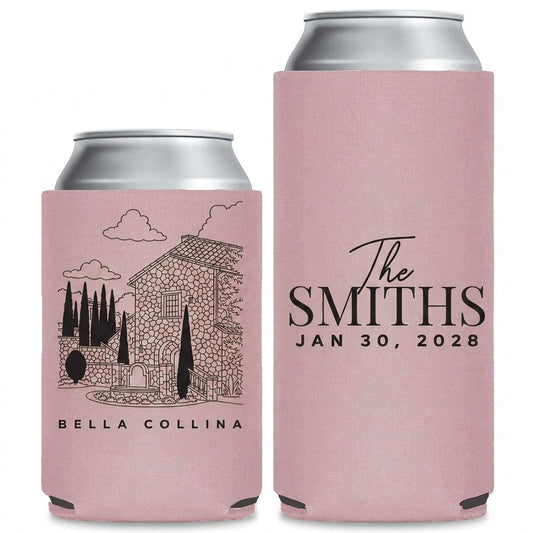 City Skyline Wedding Can Coolers shown on standard and slim can coolers
