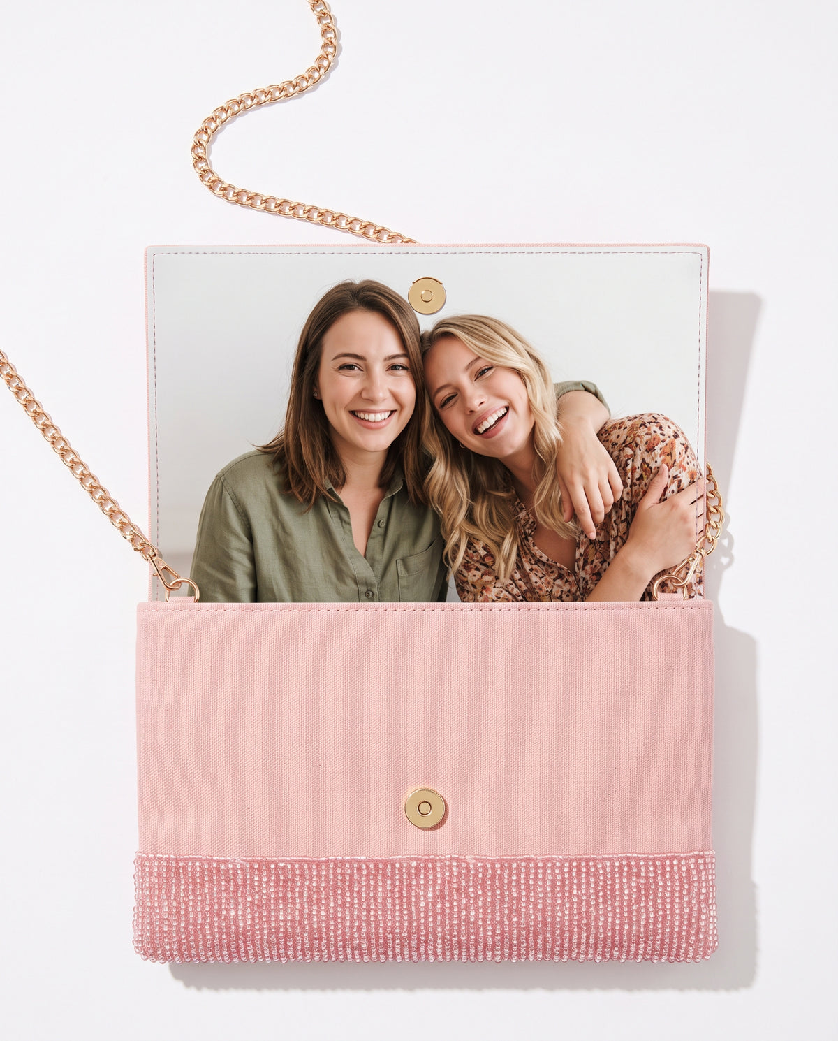 Hand-beaded clutch open: your photo printed on the lining