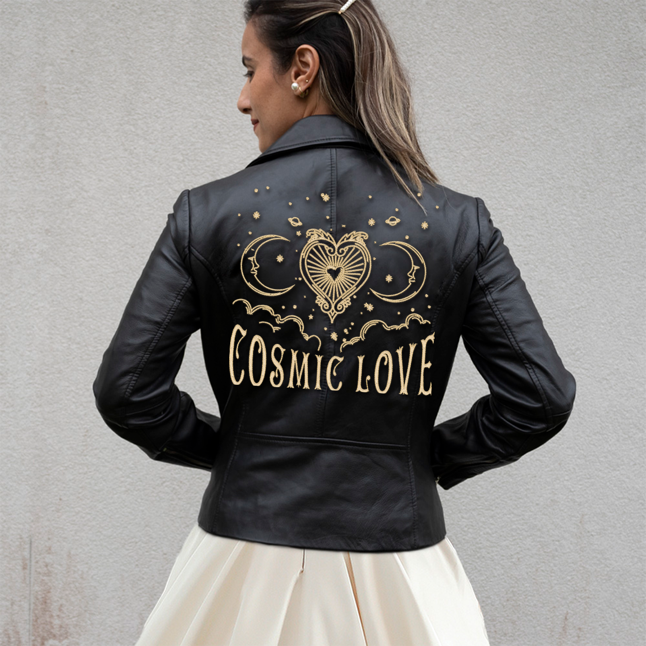 Embroidered Cosmic Love Leather Jacket