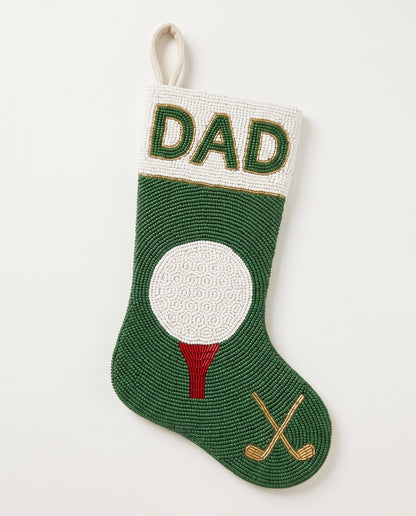Personalized Beaded Christmas Stocking with Name, Golf Dad Christmas Stocking, Hand Beaded Green Golfer Holiday Mantle Decor