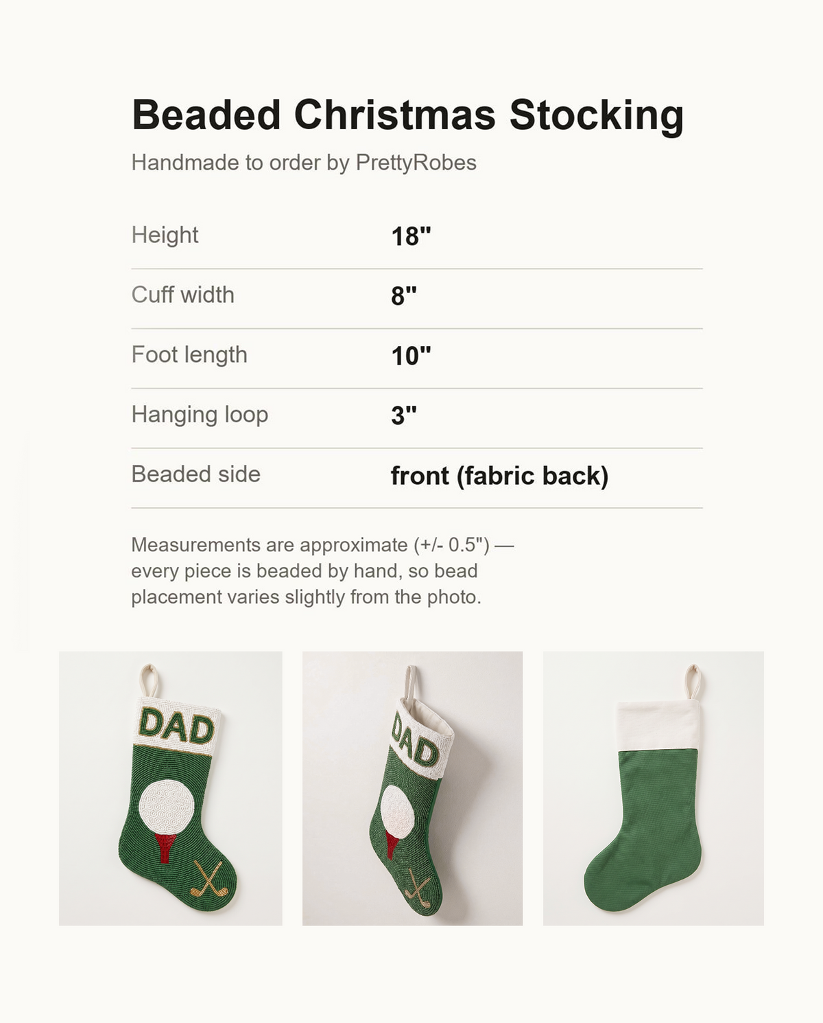 Personalized Beaded Christmas Stocking with Name, Golf Dad Christmas Stocking, Hand Beaded Green Golfer Holiday Mantle Decor