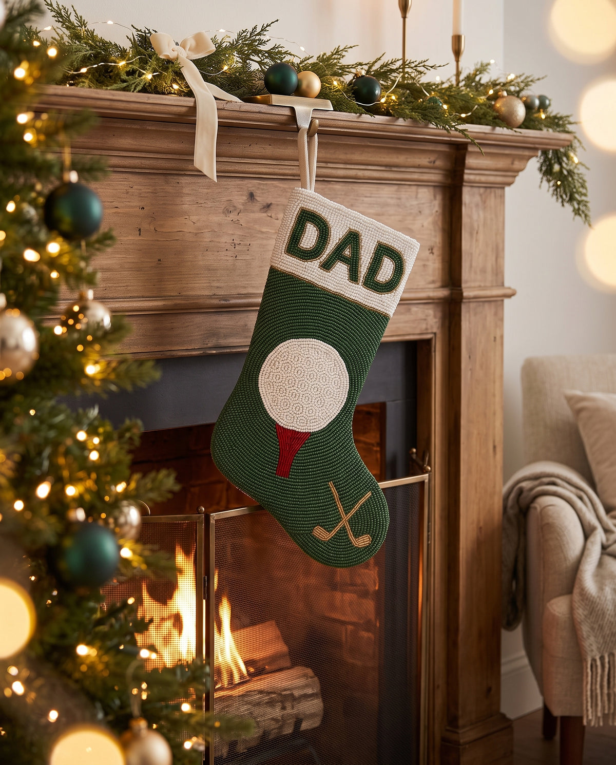 Personalized Beaded Christmas Stocking with Name, Golf Dad Christmas Stocking, Hand Beaded Green Golfer Holiday Mantle Decor