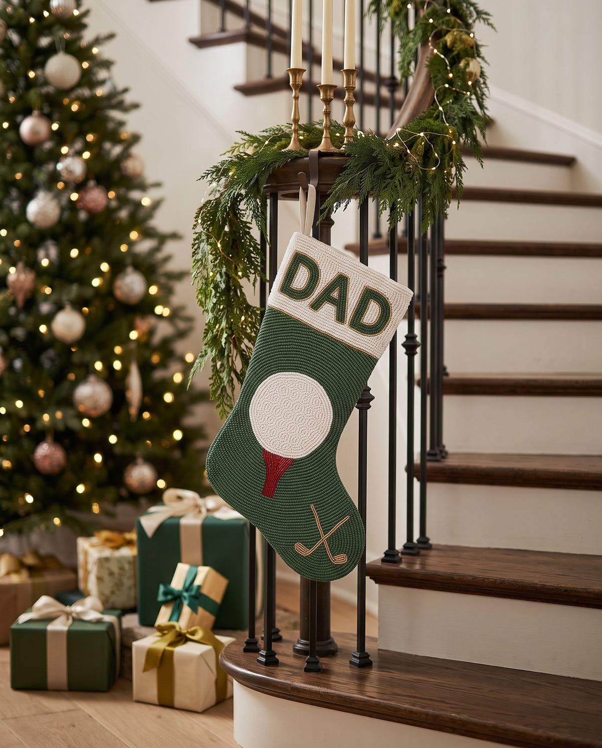 Personalized Beaded Christmas Stocking with Name, Golf Dad Christmas Stocking, Hand Beaded Green Golfer Holiday Mantle Decor