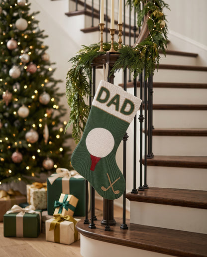Personalized Beaded Christmas Stocking with Name, Golf Dad Christmas Stocking, Hand Beaded Green Golfer Holiday Mantle Decor