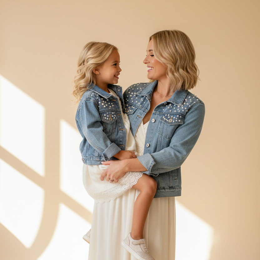 A woman in a denim jacket and a young girl in a denim jacket are standing close together and smiling at each other.