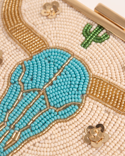 Custom Beaded Longhorn Clutch Purse, Western Bridal Turquoise Beaded Bag with Monogram, Texas Game Day Handbag, Rodeo Evening Bag