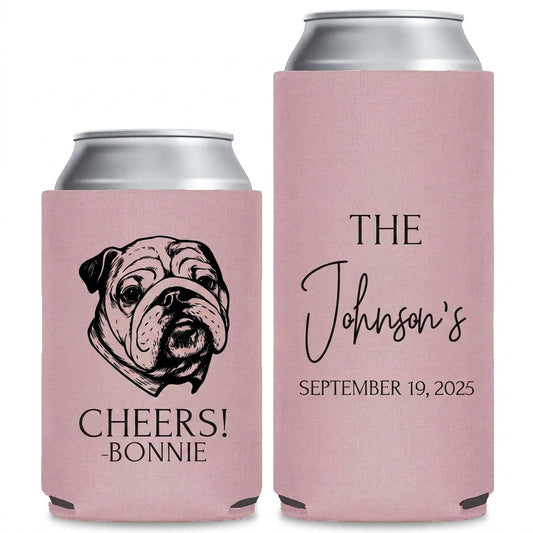 Dog Days Wedding Can Coolers shown on standard and slim can coolers