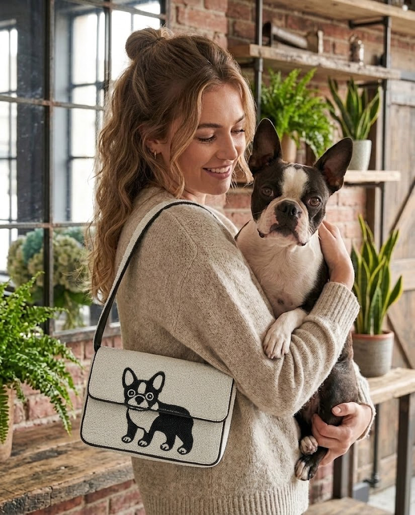 A woman is holding a small dog in her arms, smiling and standing in front of a brick wall with potted plants. She is wearing a beige sweater and carrying a handbag with a dog design on it.