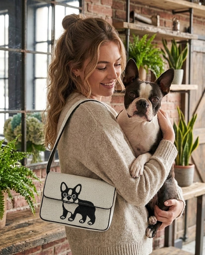 A woman is holding a small dog in her arms, smiling and standing in front of a brick wall with potted plants. She is wearing a beige sweater and carrying a handbag with a dog design on it.