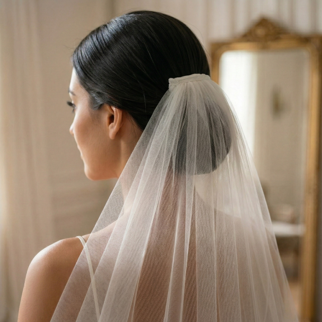 A woman with dark hair is wearing a white veil and has her hair styled in a bun.