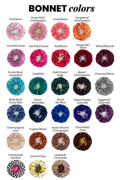 a collection of 24 different colors of bonnet, each with a unique name and description, arranged in a grid format.